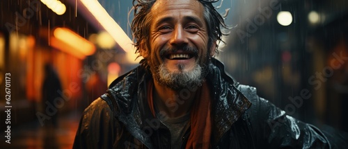 Joyful Man Smiling in Rainy City Night, Glistening Wet Streets Reflecting Neon Lights, Raw Emotion Amidst Urban Setting