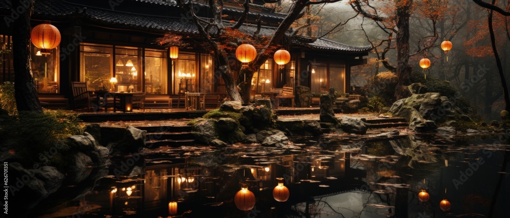 Serene Autumn Evening - Traditional Asian House by Pond with Glowing Lanterns, Reflections, and Misty Forest