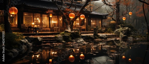 Serene Autumn Evening - Traditional Asian House by Pond with Glowing Lanterns  Reflections  and Misty Forest