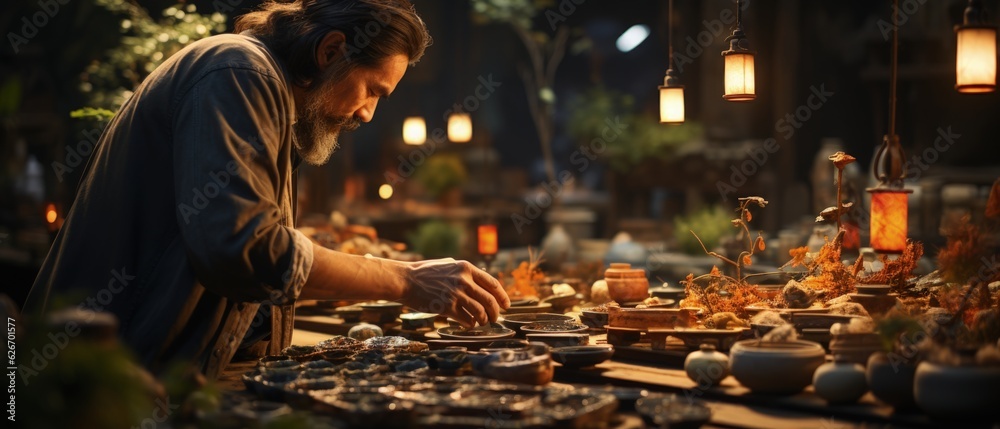 Artisan Arranging Pottery in a Rustic Outdoor Workshop