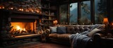 Cozy mountain cabin interior with roaring fireplace, plush sofa, rustic decor, overlooking serene forested lake at twilight.

