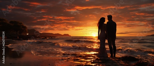 Romantic Couple Silhouette Against Breathtaking Beach Sunset - Intimate Moment by the Ocean with Vivid Skies and Gentle Waves