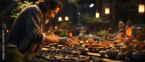 Artisan Arranging Pottery in a Rustic Outdoor Workshop
