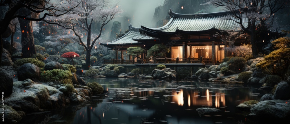 Traditional Japanese architecture, misty garden pond reflection, illuminated evening, serene temple setting, atmospheric Asian landscape.