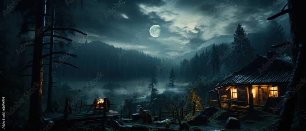 Mysterious moonlit night in dense foggy forest, illuminated wooden cabin, serene atmospheric wilderness scene.