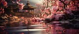 Enchanting oriental landscape with cherry blossoms, a serene pond, and traditional pagoda during sunset.