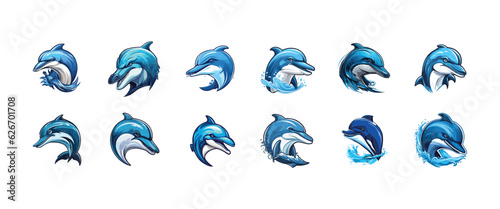 Set of Dolphins isolated on White and Transparent background, Dolphin collection Vector illustration, Blue Dolphin Mascot Logo Concepts, Blue Dolphin Variations, Dolphin logo set