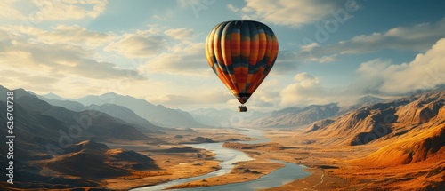 Vibrant hot air balloon journeying over an undulating river with grandeur mountains under a clear sky. 