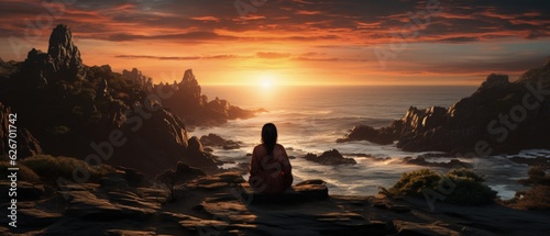 Coastal Dawn Meditation: Silhouette of a person meditating on a rugged coastline at sunrise, symbolizing contemplation and the harmony of nature.