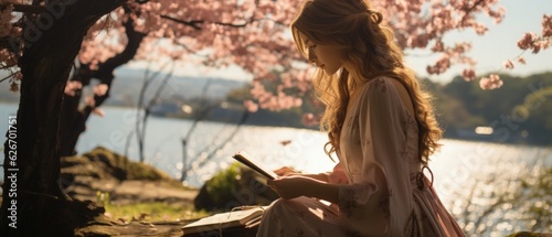 Gentlewoman sits by serene lake, reading under a blossoming cherry tree with petals falling, during golden hour sunlight.