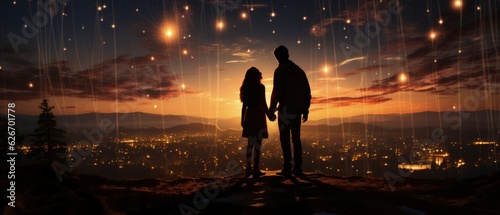 Silhouetted couple standing atop a hill  overlooking city lights under starry sky with falling meteors  portraying romantic escapade.