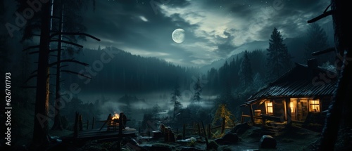 Mysterious moonlit night in dense foggy forest  illuminated wooden cabin  serene atmospheric wilderness scene.