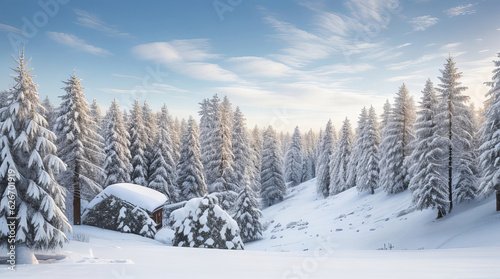 Captivating Winter Wonderland: Pine Trees Coated in Snow Create a Fantastic Scene. Generative AI.
