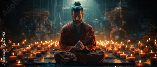Tranquil monk meditating amidst glowing candles in dim temple, spiritual enlightenment, sacred space.