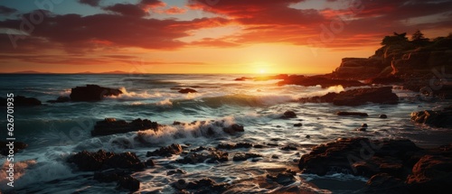 Spectacular Rocky Beach Sunset: Serene Sky, Crashing Waves, Raw Natural Beauty, Tranquil Outdoor Landscape