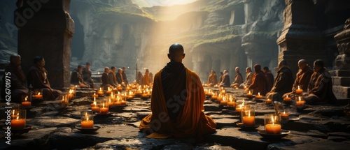 Candlelit Monastic Devotion: A monk meditating among candles, illustrating spiritual reflection and the serene ambience of monastic life.
