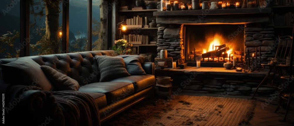 Cozy Fireside Reading Nook: Inviting and warm reading space by a crackling fireplace, conveying comfort and relaxation.