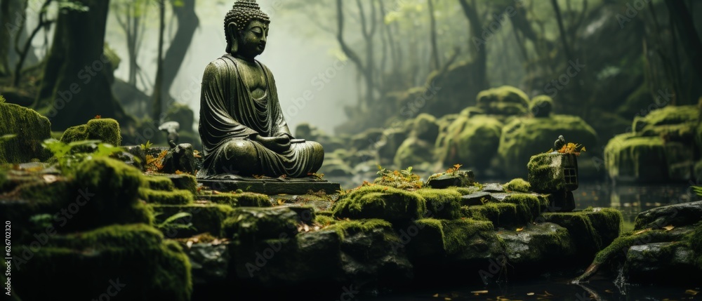 Zen Buddha in Misty Forest: Statue of Buddha in a tranquil forest setting, embodying meditation and the serenity of nature. - obrazy, fototapety, plakaty 