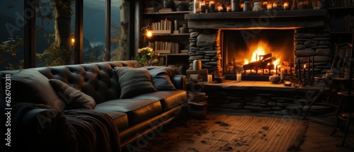 Cozy Fireside Reading Nook: Inviting and warm reading space by a crackling fireplace, conveying comfort and relaxation.