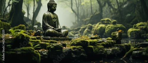Zen Buddha in Misty Forest: Statue of Buddha in a tranquil forest setting, embodying meditation and the serenity of nature. photo