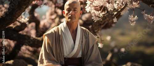Serene monk meditating under blossoming cherry tree, showcasing spiritual enlightenment amidst nature's bloom.