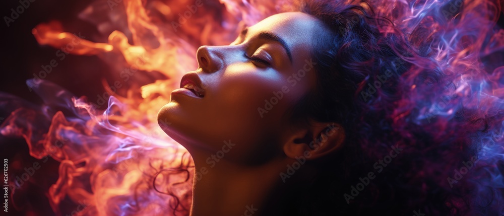 Surreal Woman with Vivid Colors in Dreamlike Smoke Haze