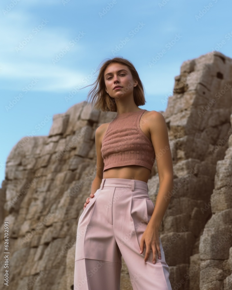 Brunette short haired fictional model lady standing in front of rock cliff in the desert. Generative AI.