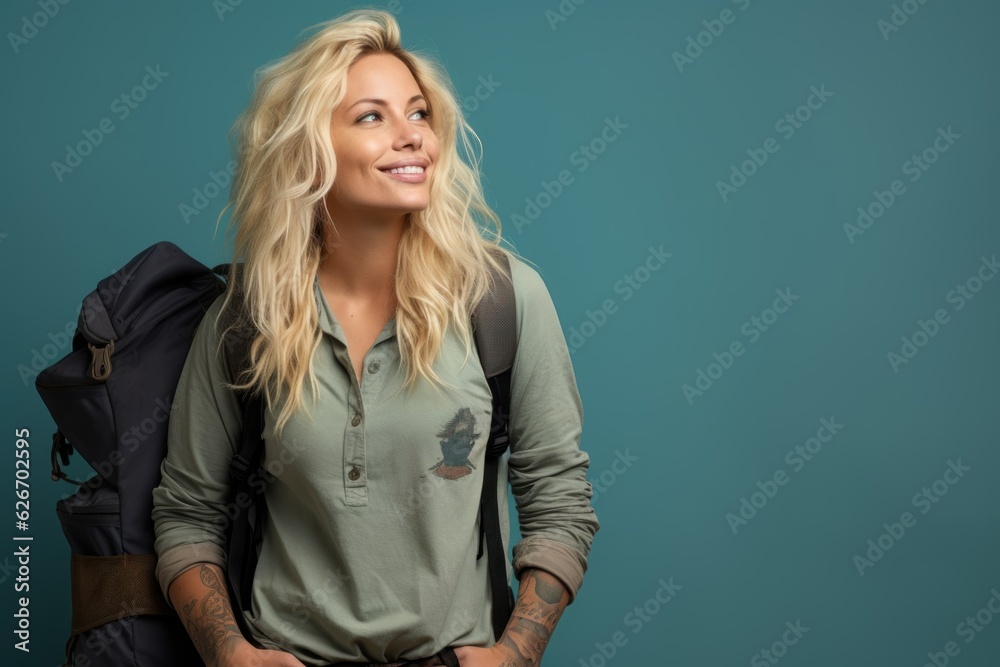 Fictional blonde woman traveling with a backpack and smiling. Isolated on a plain blue background. Generative AI. Fictional blonde woman traveling with a backpack and smiling. Isolated on a plain blue background. Generative AI.