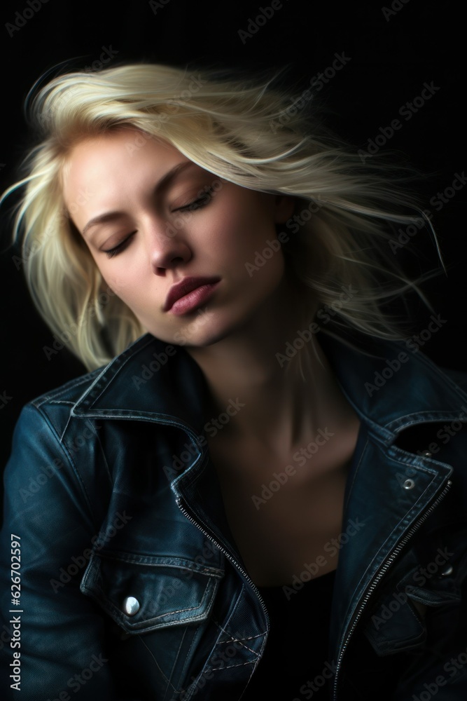 Fictional blond haired model with leather jacket and jeans. Grunge rocker girl style. Generative AI. Fictional blond haired model with leather jacket and jeans. Grunge rocker girl style. Generative AI.