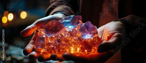 Man Holding Glowing Crystals in Hands with Magical Essence