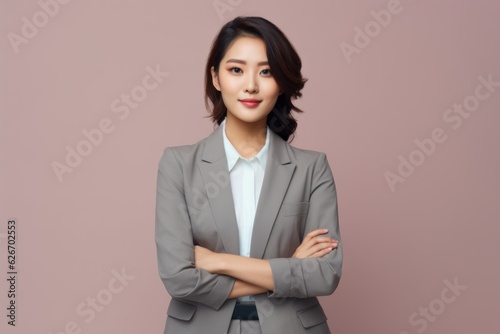 Fictional Asian woman with crossed arms, businesswoman, serious person in a suit. Generative AI.