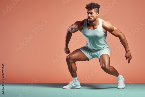 Fictional muscular black person exercising. Isolated on a pink background. Generative AI.