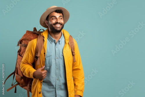 Fictional indian oriental man traveling with a backpack and smiling. Isolated on a plain blue background. Generative AI.