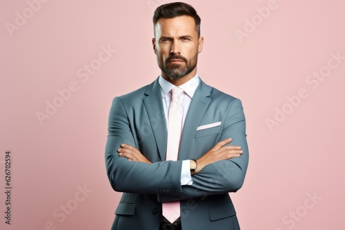 Fictional white serious business man in a blue suit and pink tie. Isolated on a pink background. Generative AI.