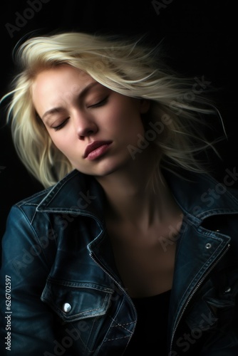 Fictional blond haired model with leather jacket and jeans. Grunge rocker girl style. Generative AI.