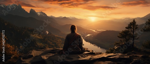 Sunset Contemplation. Individual overlooks a valley during sunset, reflecting on solitude, the grandeur of nature, and life’s journey. © ZenOcean_DigitalArts