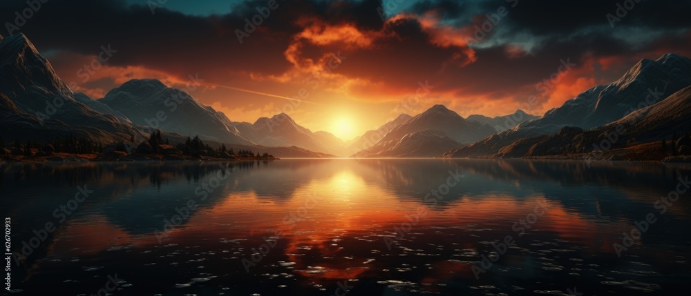 Mountain Sunset Reflection: Dramatic sunset over calm lake, conveying grandeur and the end of a day.