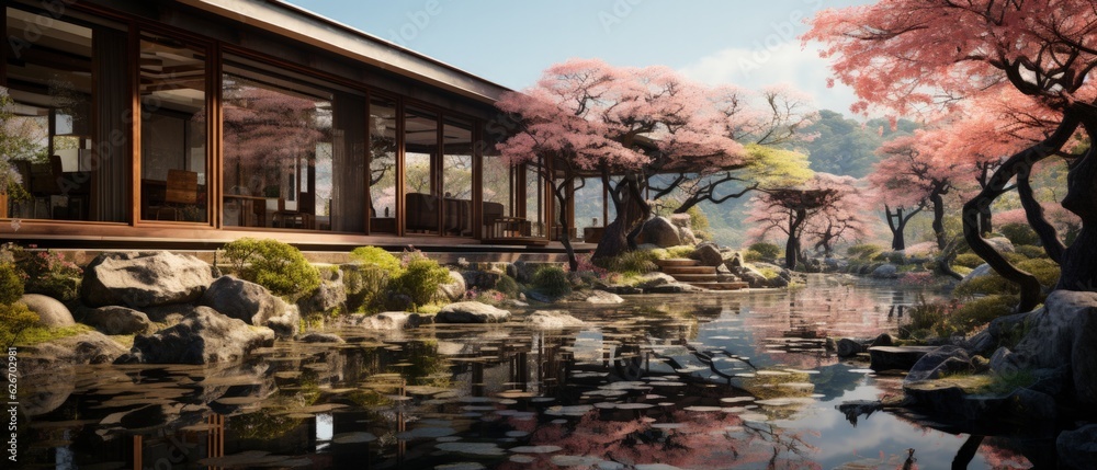 Serene Japanese Garden Reflects Spring captures the peaceful symmetry of a traditional garden with cherry blossoms reflected in water.