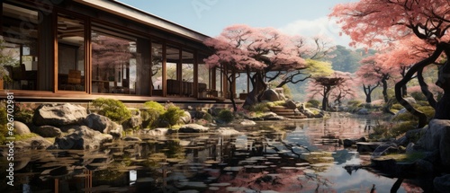 Serene Japanese Garden Reflects Spring captures the peaceful symmetry of a traditional garden with cherry blossoms reflected in water. © ZenOcean_DigitalArts