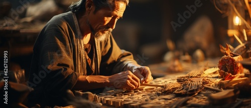 Diligent Craftsman at Work captures an artisan's intense focus as he meticulously carves wood, surrounded by a warm, ambient glow