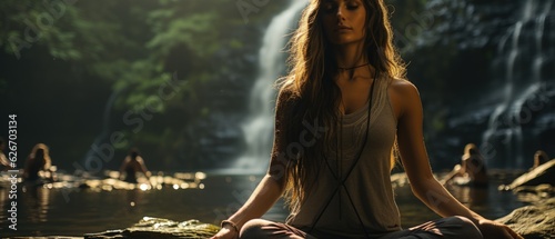 Harmonious Waterfall Meditation: Serene Young Woman Amid Nature's Majesty, Grey Shirt, Long Hair, Tranquil Solitude in Front of Cascading Waters © ZenOcean_DigitalArts