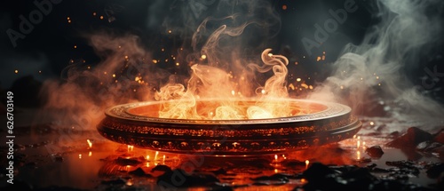 Mystical Ancient Bowl Emitting Fiery Smoke and Sparks