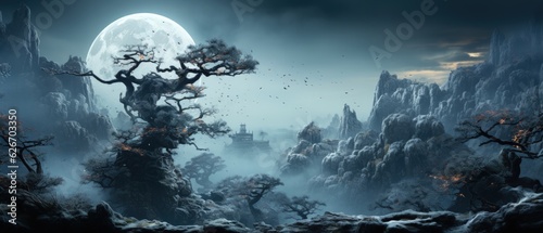 Mystical Moon over Mountain, Enchanted Night Landscape. A surreal night scene with a full moon above eerie mountains, evoking wonder and mystery.