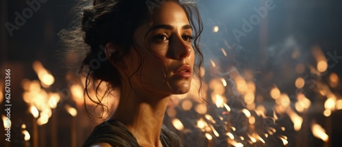 Fiery Sparks Portrait, Woman's Contemplative Profile. An intense profile of a woman with sparks flying, illustrating deep thought amidst chaos, symbolizing resilience.