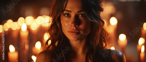 Intimate Candlelight Glow, Reflective Woman Portrait. A warm, intimate portrait of a woman amidst a backdrop of soft candlelight, conveying a mood of thoughtful serenity and quiet elegance.