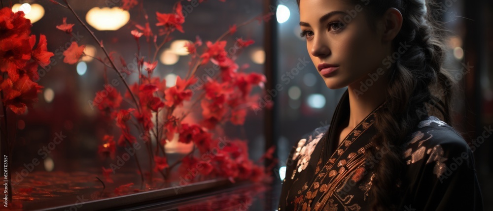 Reflective Woman by Red Autumn Leaves, Poignant Contemplation. A thoughtful woman by a window with vivid red leaves, embodying introspection and autumn's change. Reflective Woman by Red Autumn Leaves, Poignant Contemplation. A thoughtful woman by a window with vivid red leaves, embodying introspection and autumn's change.