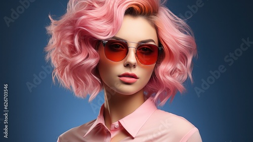 Portrait of beautiful woman with stylish pink clothes and pink hair.