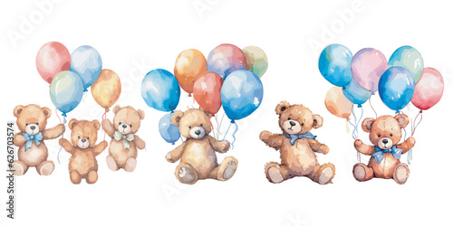 Watercolor Teddy Bear with ballon clipart for graphic resources