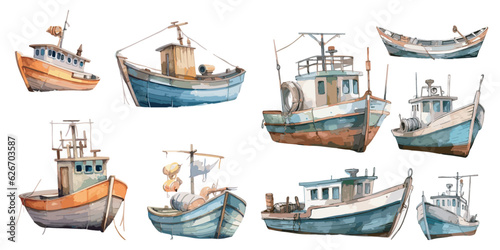 Watercolor Fishing Boat clipart for graphic resources