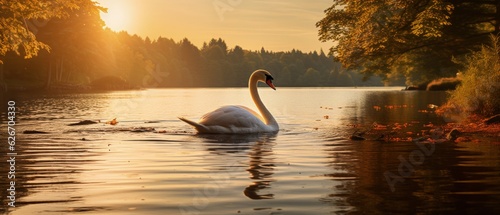 Swan on Lake at Sunrise, Serene Elegance. A graceful swan glides on a misty lake as sunrise gilds the water, a picture of elegance and tranquil dawn beauty.